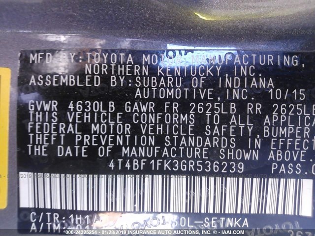 4T4BF1FK3GR536239 - 2016 TOYOTA CAMRY LE/XLE/SE/XSE GRAY photo 9