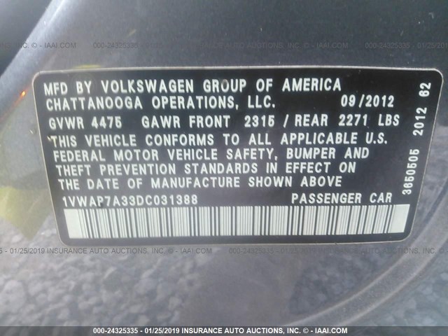 1VWAP7A33DC031388 - 2013 VOLKSWAGEN PASSAT S GRAY photo 9