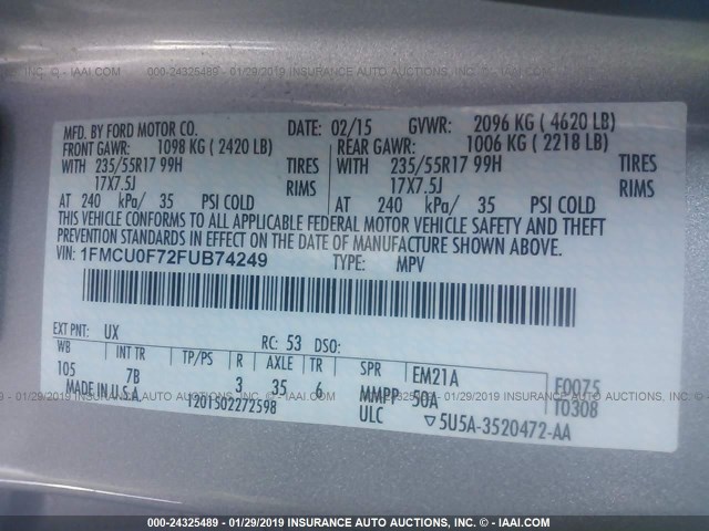 1FMCU0F72FUB74249 - 2015 FORD ESCAPE S SILVER photo 9