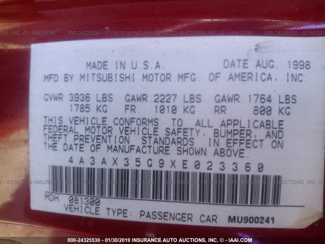 4A3AX35G9XE023360 - 1999 MITSUBISHI ECLIPSE SPYDER GS RED photo 9