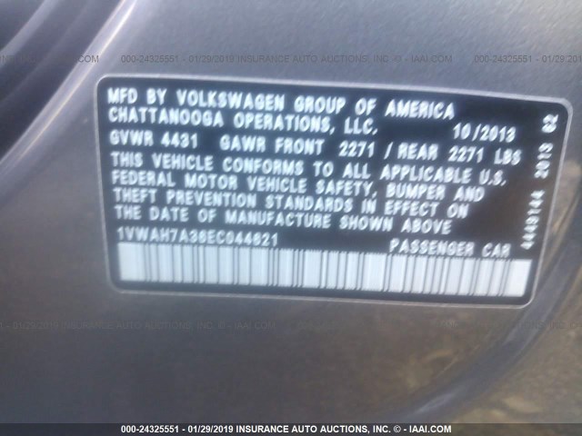 1VWAH7A36EC044621 - 2014 VOLKSWAGEN PASSAT S GRAY photo 9