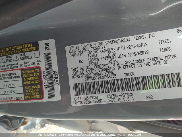 5TFDW5F14JX766335 - 2018 TOYOTA TUNDRA CREWMAX SR5 BLUE photo 9