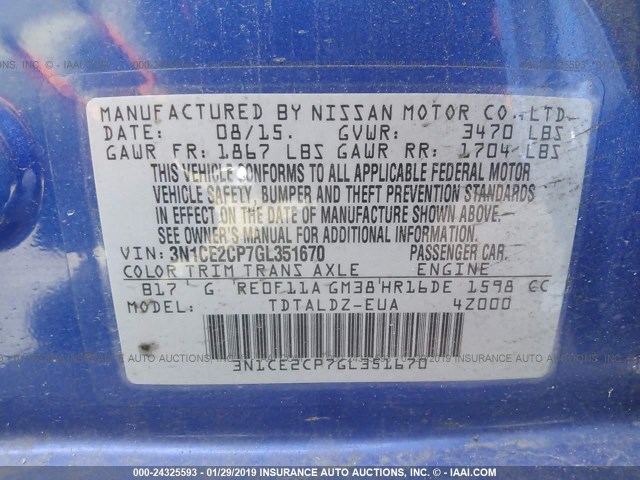 3N1CE2CP7GL351670 - 2016 NISSAN VERSA NOTE S/S PLUS/SV/SL/SR BLUE photo 9