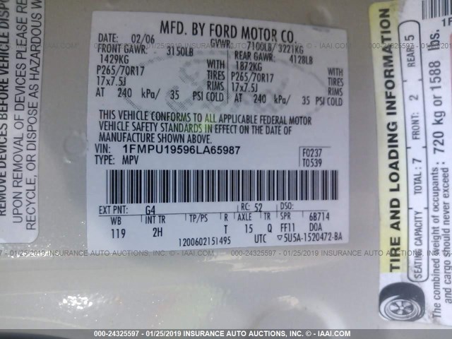 1FMPU19596LA65987 - 2006 FORD EXPEDITION LIMITED CREAM photo 9