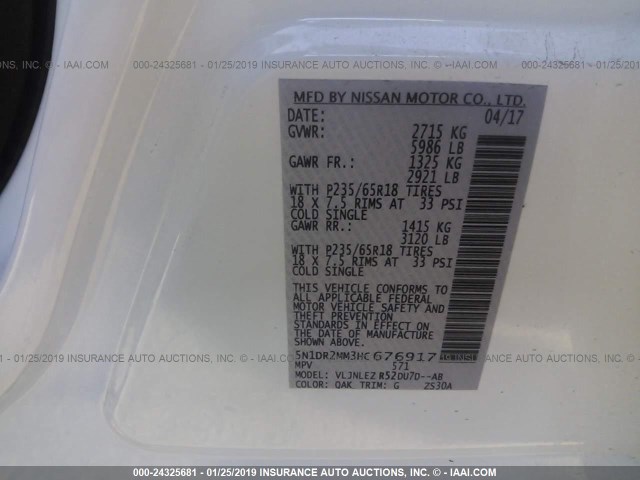 5N1DR2MM3HC676917 - 2017 NISSAN PATHFINDER S/SV/SL/PLATINUM WHITE photo 9