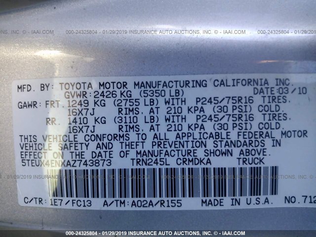 5TEUX4ENXAZ743873 - 2010 TOYOTA TACOMA ACCESS CAB ვერცხლისფერი ფოტო 9