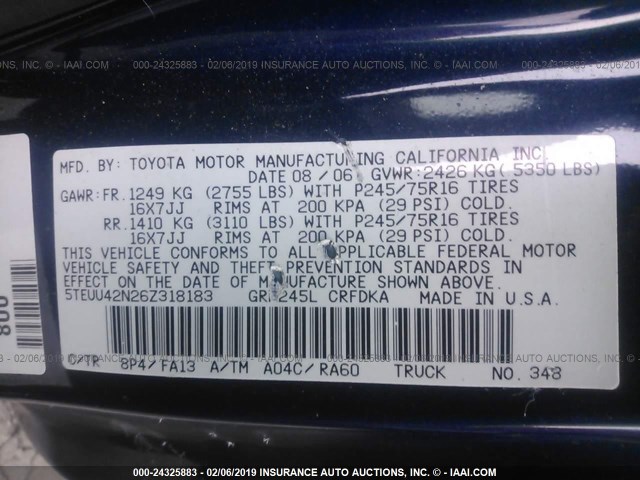5TEUU42N26Z318183 - 2006 TOYOTA TACOMA ACCESS CAB შავი ფოტო 9