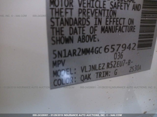 5N1AR2MM4GC657942 - 2016 NISSAN PATHFINDER S/SV/SL/PLATINUM WHITE photo 9