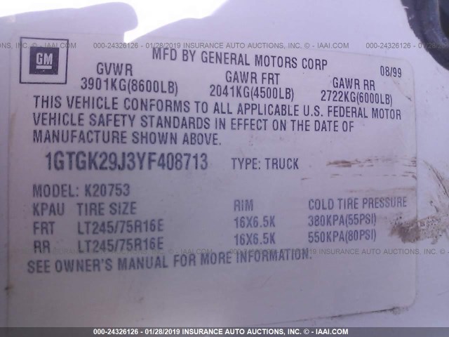 1GTGK29J3YF408713 - 2000 GMC SIERRA K2500 WHITE photo 9