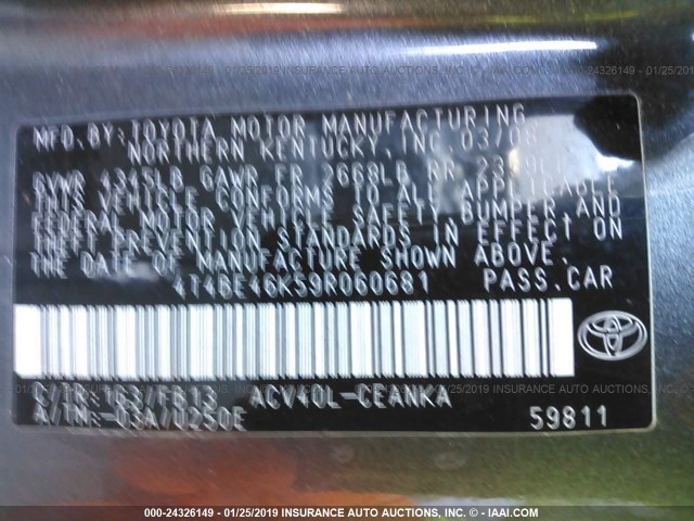 4T4BE46K59R060681 - 2009 TOYOTA CAMRY SE/LE/XLE GRAY photo 9