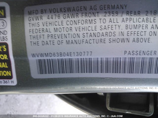 WVWMD63B04E130777 - 2004 VOLKSWAGEN PASSAT GL GREEN photo 9