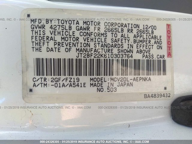JT2BF22K610303764 - 2001 TOYOTA CAMRY CE/LE/XLE WHITE photo 9