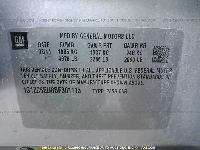 1G1ZC5EU8BF301115 - 2011 CHEVROLET MALIBU 1LT ვერცხლისფერი ფოტო 9