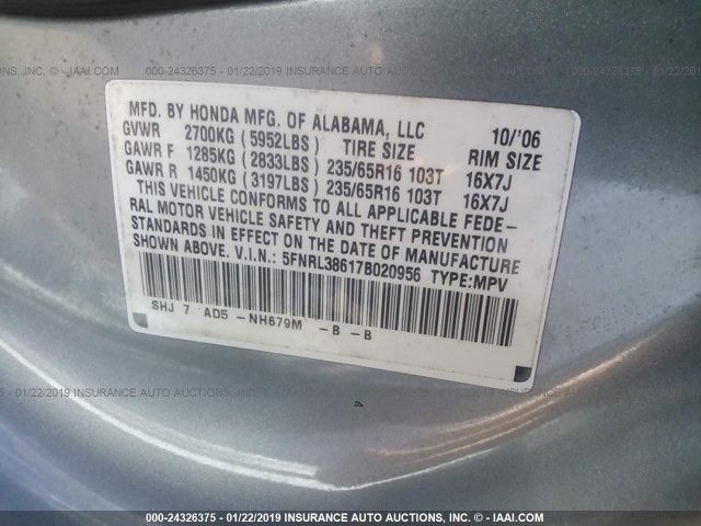 5FNRL38617B020956 - 2007 HONDA ODYSSEY EXL SILVER photo 9