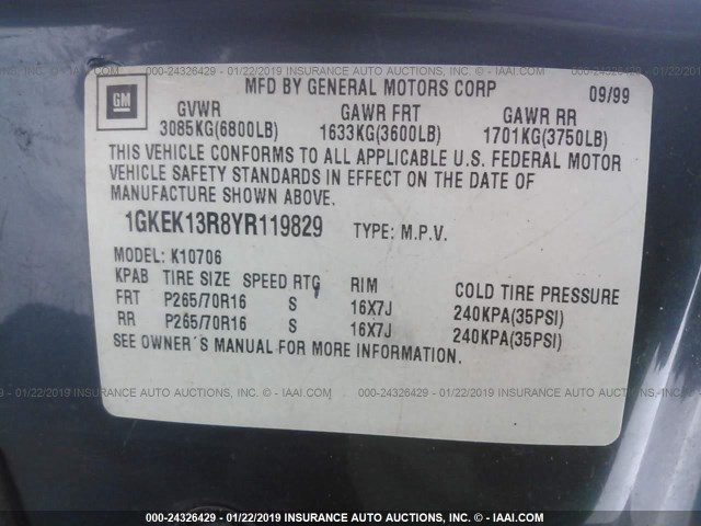 1GKEK13R8YR119829 - 2000 GMC YUKON DENALI BLUE photo 9