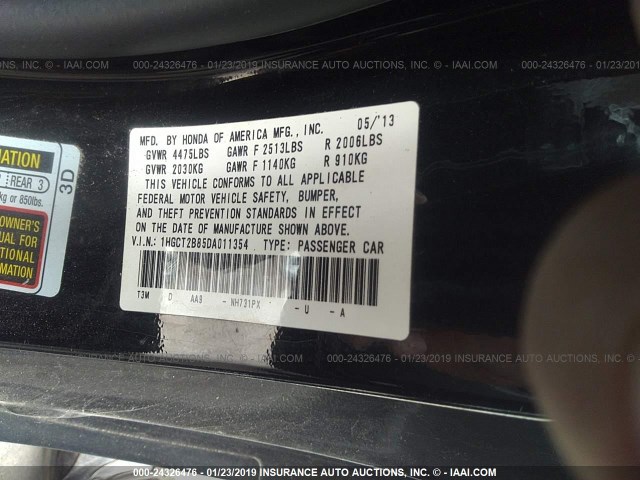 1HGCT2B85DA011354 - 2013 HONDA ACCORD BLACK photo 9