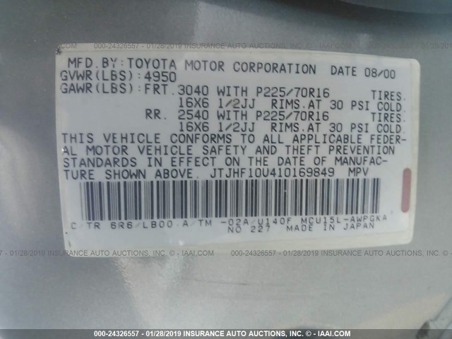 JTJHF10U410169849 - 2001 LEXUS RX 300 GRAY photo 9