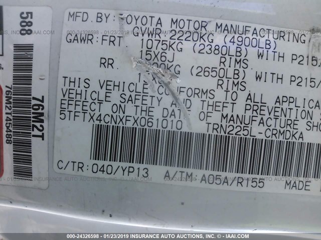 5TFTX4CNXFX061010 - 2015 TOYOTA TACOMA ACCESS CAB თეთრი ფოტო 9