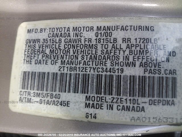 2T1BR12E7YC344519 - 2000 TOYOTA COROLLA VE/CE/LE Pewter photo 9