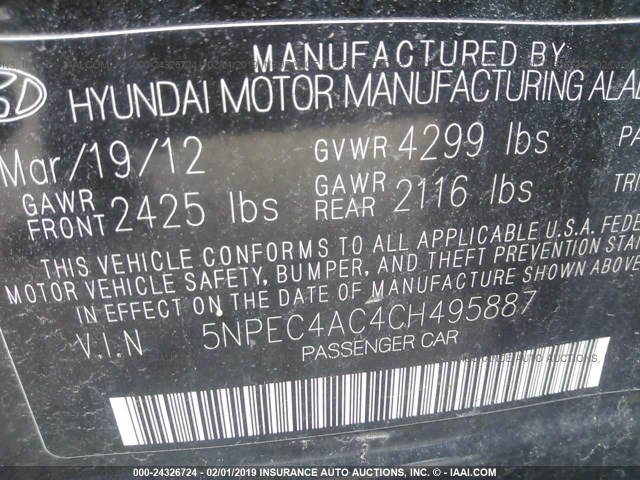 5NPEC4AC4CH495887 - 2012 HYUNDAI SONATA SE/LIMITED BLACK photo 9