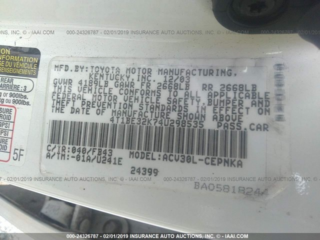 4T1BE32K74U298535 - 2004 TOYOTA CAMRY LE/XLE/SE WHITE photo 9