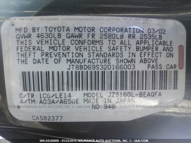 JT8BD69S320166003 - 2002 LEXUS GS 300 GRAY photo 9