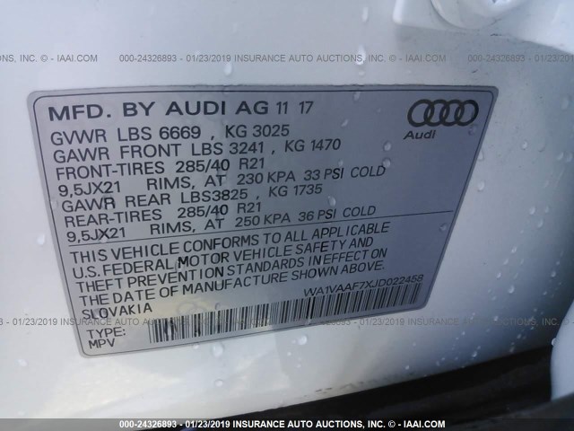 WA1VAAF7XJD022458 - 2018 AUDI Q7 PRESTIGE WHITE photo 9