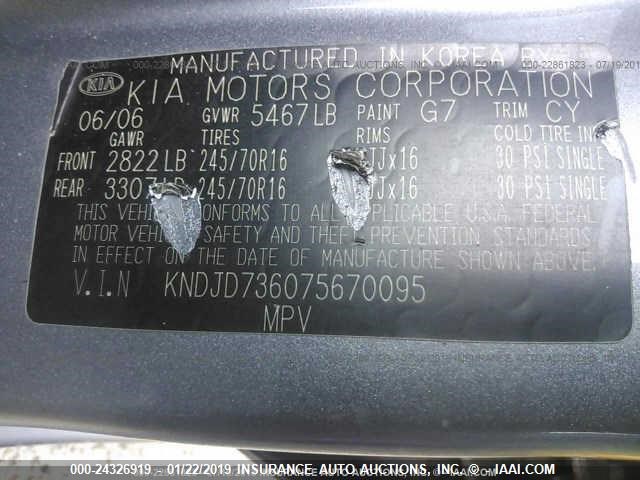 KNDJD736075670095 - 2007 KIA SORENTO EX/LX GRAY photo 9