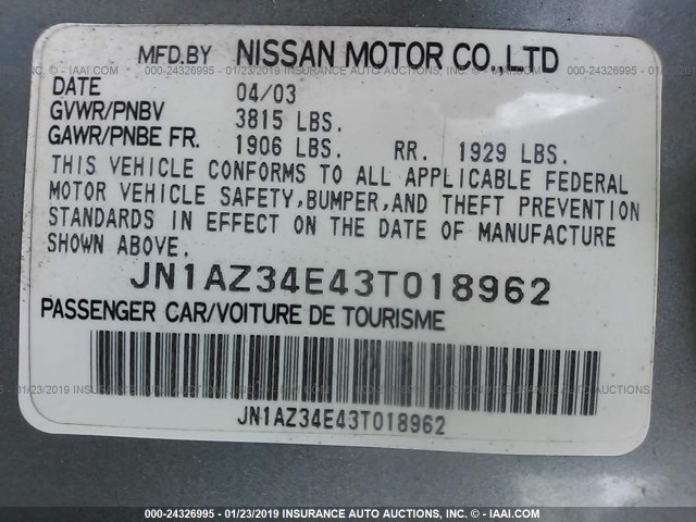 JN1AZ34E43T018962 - 2003 NISSAN 350Z COUPE GRAY photo 9