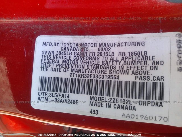 2T1KR32E33C019564 - 2003 TOYOTA COROLLA MATRIX XR RED photo 9
