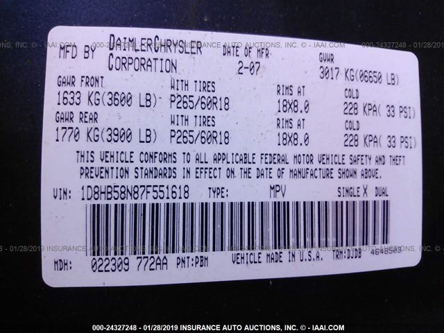 1D8HB58N87F551618 - 2007 DODGE DURANGO LIMITED GRAY photo 9