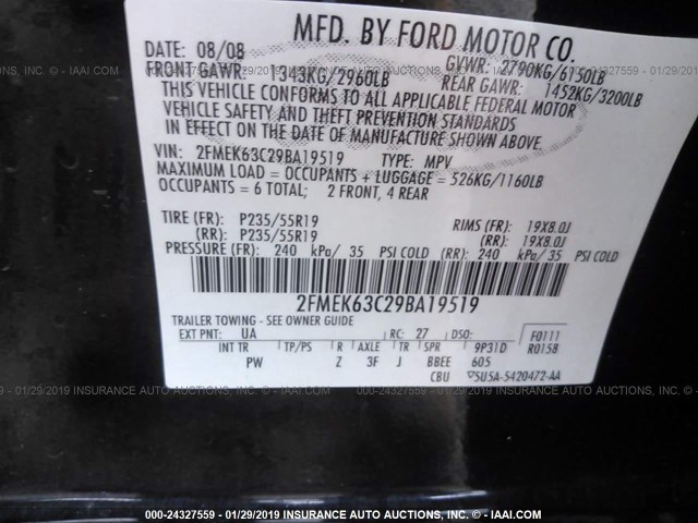 2FMEK63C29BA19519 - 2009 FORD FLEX LIMITED BLACK photo 9