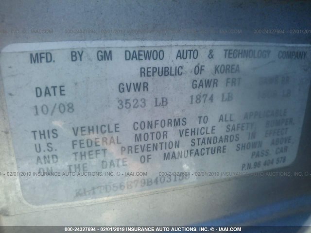 KL1TD56E79B403158 - 2009 CHEVROLET AVEO LS/LT Արծաթագույն լուսանկար 9