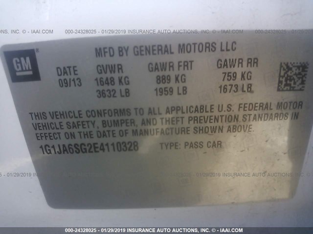 1G1JA6SG2E4110328 - 2014 CHEVROLET SONIC LS WHITE photo 9