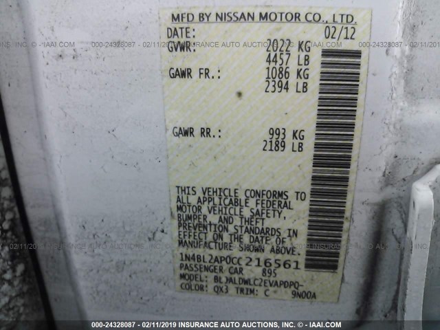 1N4BL2AP0CC216561 - 2012 NISSAN ALTIMA SR WHITE photo 9