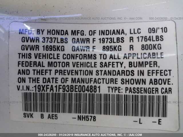 19XFA1F93BE004881 - 2011 HONDA CIVIC EXL WHITE photo 9