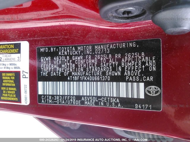 4T1BF1FK4DU661370 - 2013 TOYOTA CAMRY L/SE/LE/XLE RED photo 9