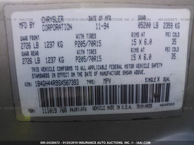 1B4GH44R9SX587393 - 1995 DODGE GRAND CARAVAN SE GRAY photo 9