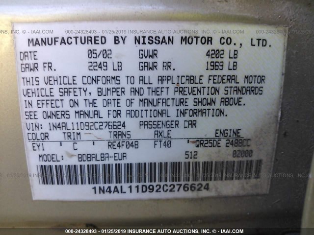 1N4AL11D92C276624 - 2002 NISSAN ALTIMA S/SL GOLD photo 9