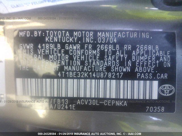 4T1BE32K14U878217 - 2004 TOYOTA CAMRY LE/XLE/SE GRAY photo 9