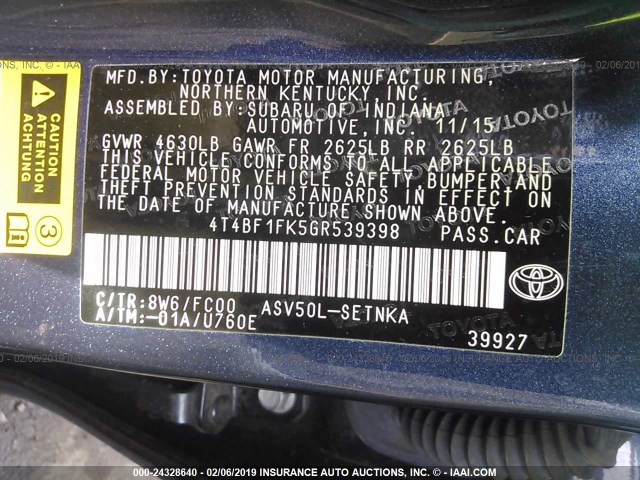 4T4BF1FK5GR539398 - 2016 TOYOTA CAMRY LE/XLE/SE/XSE BLUE photo 9