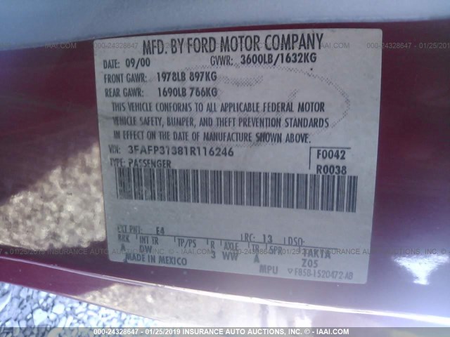 3FAFP31381R116246 - 2001 FORD FOCUS ZX3 RED photo 9