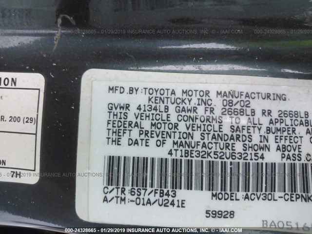 4T1BE32K52U632154 - 2002 TOYOTA CAMRY LE/XLE/SE GREEN photo 9