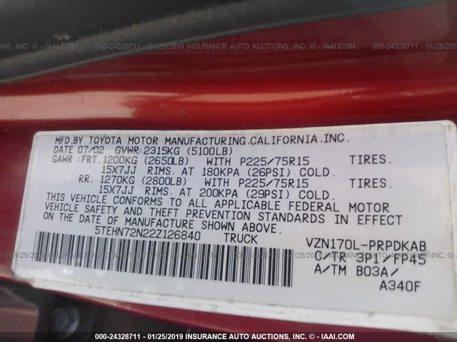 5TEHN72N22Z126840 - 2002 TOYOTA TACOMA DOUBLE CAB 红色 照片 9