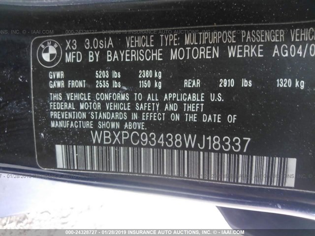 WBXPC93438WJ18337 - 2008 BMW X3 3.0SI BLUE photo 9