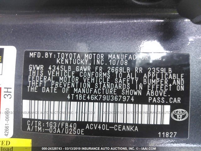 4T1BE46K79U367974 - 2009 TOYOTA CAMRY SE/LE/XLE 灰色 照片 9
