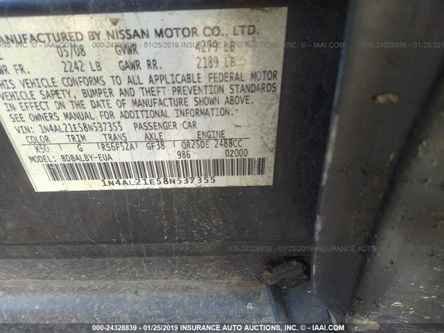 1N4AL21E58N537355 - 2008 NISSAN ALTIMA 2.5/2.5S GRAY photo 9