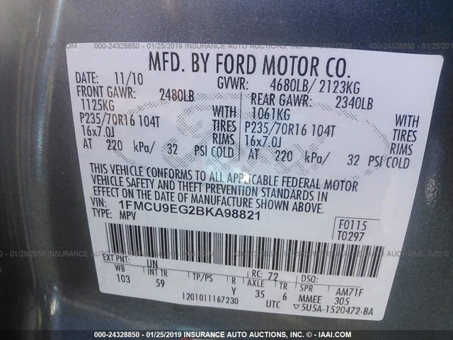 1FMCU9EG2BKA98821 - 2011 FORD ESCAPE LIMITED GRAY photo 9