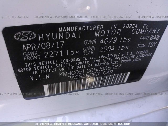 KMHC05LC0HU035587 - 2017 HYUNDAI IONIQ HEV WHITE photo 9