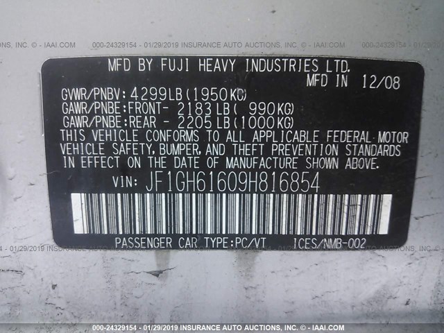 JF1GH61609H816854 - 2009 SUBARU IMPREZA 2.5I SILVER photo 9